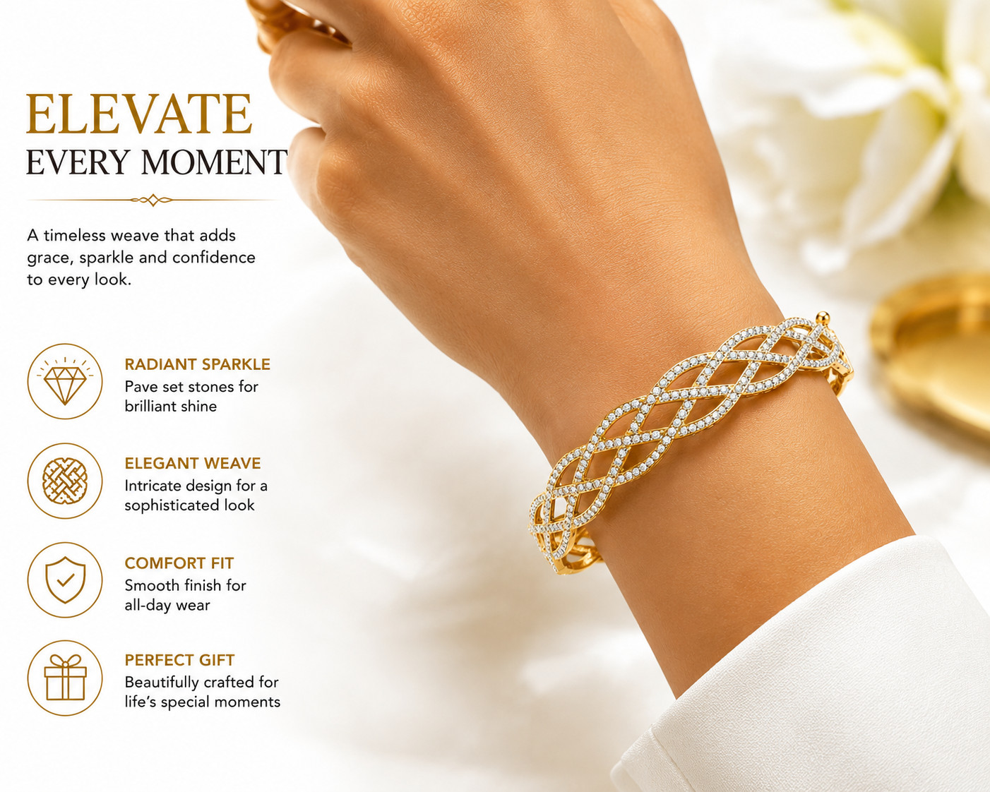 Gold Tone Pave Criss Cross Weave Bangle Bracelet Elegant Women’s Cuff 7-8″