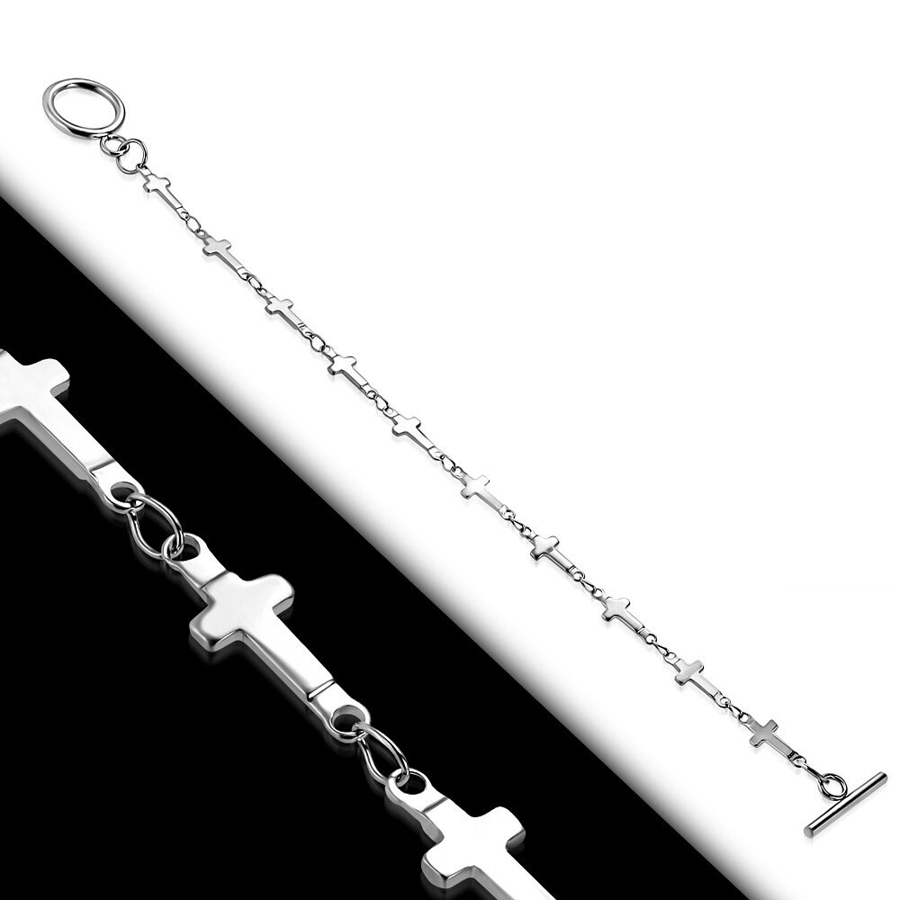 Stainless Steel Silver-Tone Cross Religious Link Bracelet Toggle Clasp