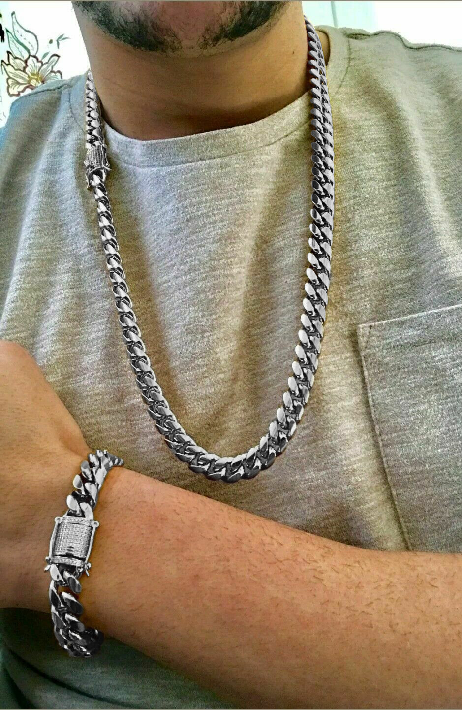 Solid Stainless Steel Necklace Cuban Link Chain For Men Iced out CZ Clasp 8-14MM