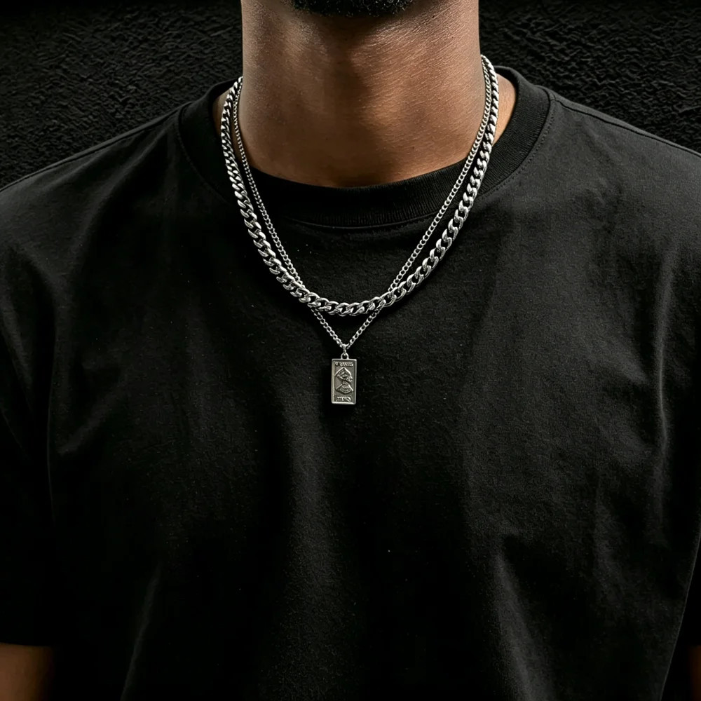 Retro Double Layer Cuban Chain Necklace Hip Hop Men Stainless Steel Pendant Neck