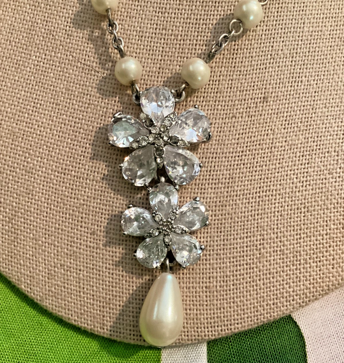 Carolee Bridal Faux Pearl Silver Tone Chain Rhinestone Pendant Drop Necklace