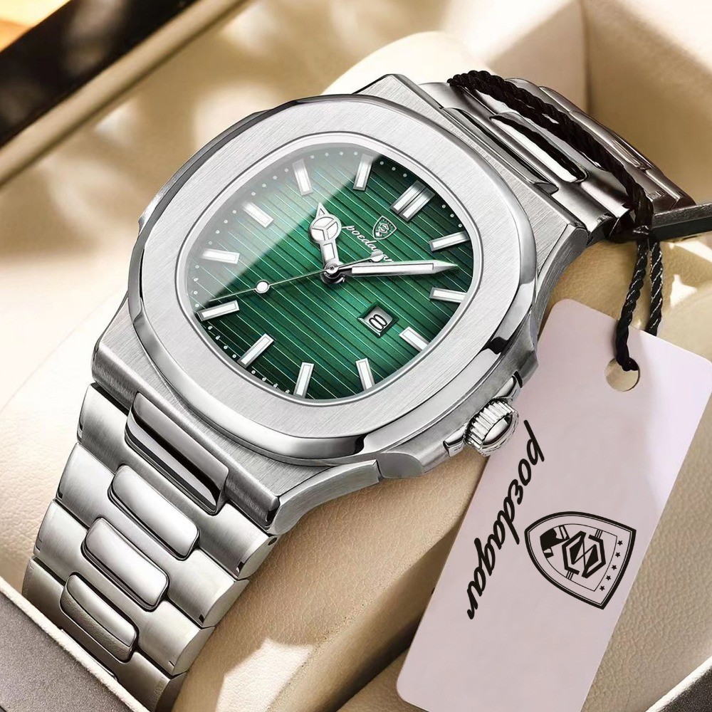 POEDAGAR Square Men Waterproof Luminous Date Stainless Steel Quartz Watch
