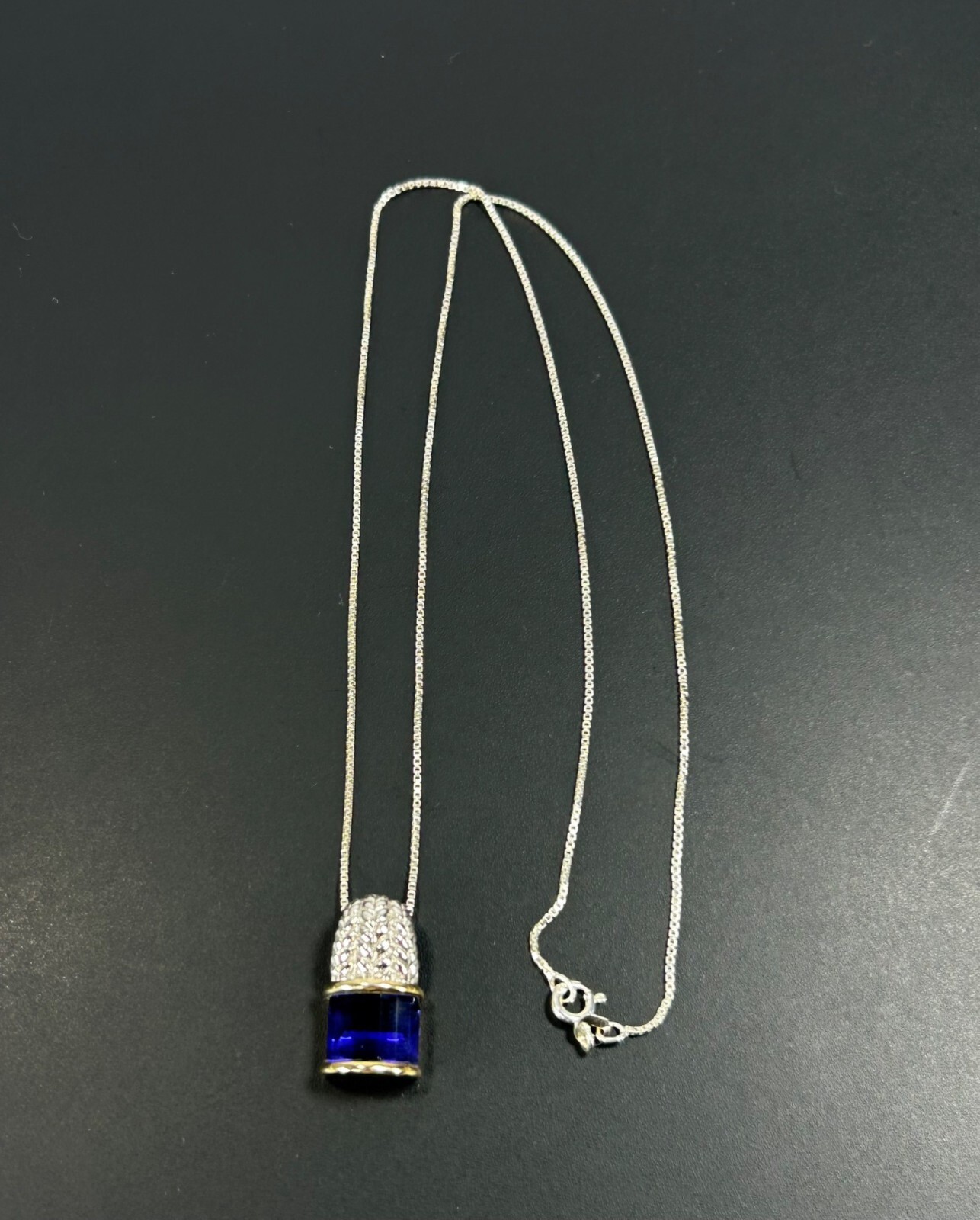925 Sterling Silver Gold Tone Necklace Faceted Cobalt Blue Glass Pendant ITALY