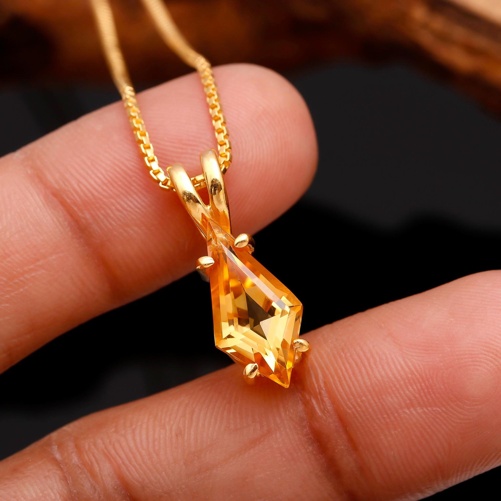 Natural Citrine Quartz Kite Chain Necklace Gold Fill 925 Sterling Silver Jewelry