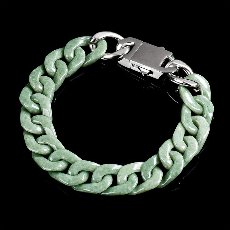 Real Grade A Natural Green Jade Jadeite Bracelet Cuban Curb Link Chain 5.9-9.4in
