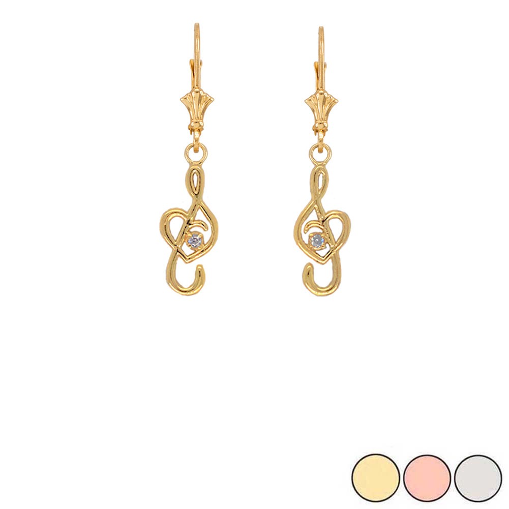 Dainty Diamond Treble Clef Heart Music Note Earrings ( Yellow/Rose/White Gold)