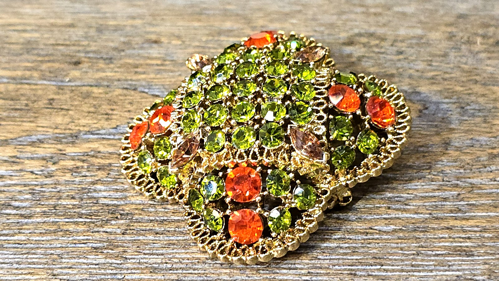 Vintage Domed Large Brooch Olivine Green Orange & Topaz Rhinestones Gold Tone