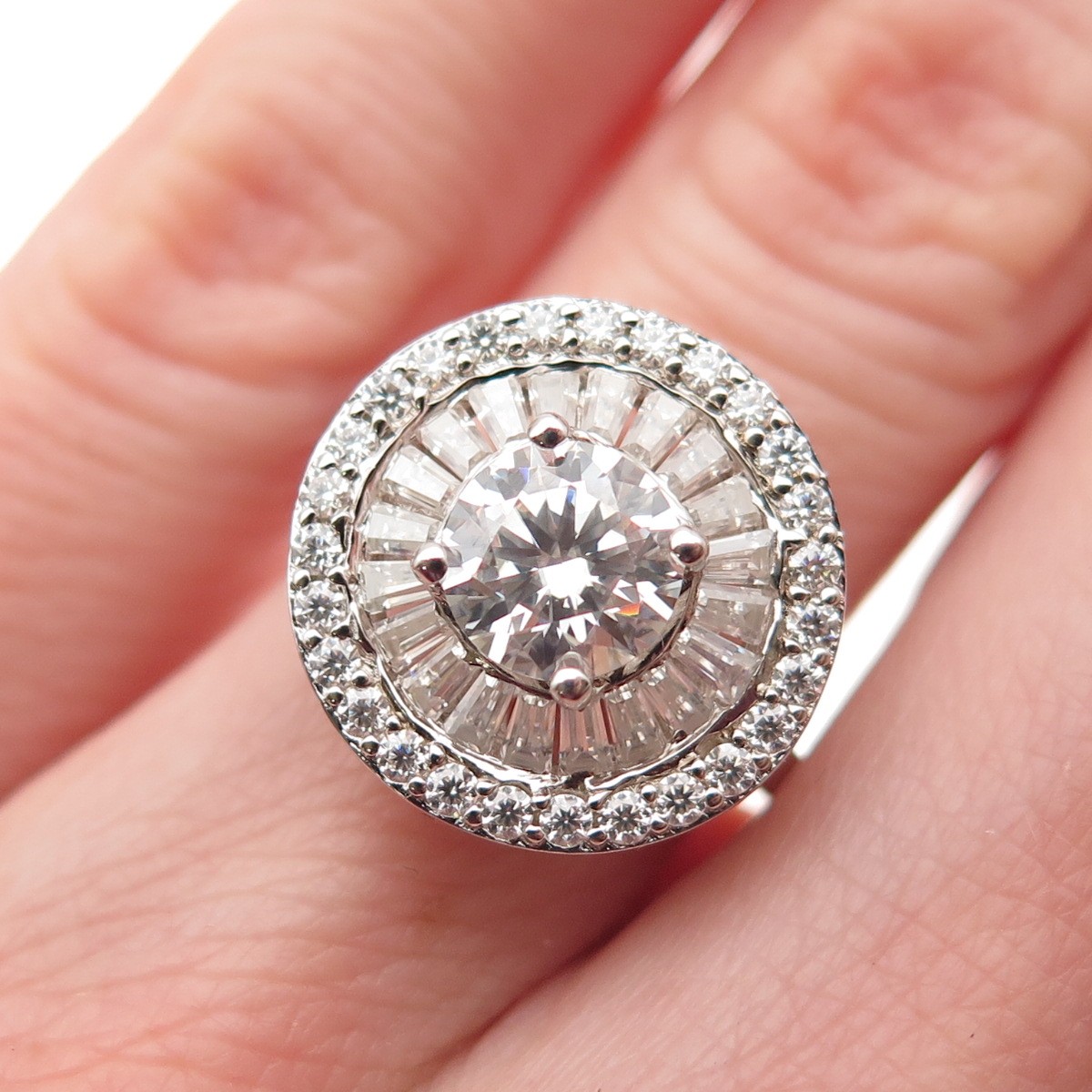 D’JOY Sterling Silver Real Round & Tapered Baguette-Cut Moissanite Ring Size 5