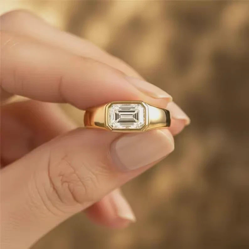 2 CT Emerald Cut East West Signet Moissanite Ring 925 Sterling Silver Jewelry