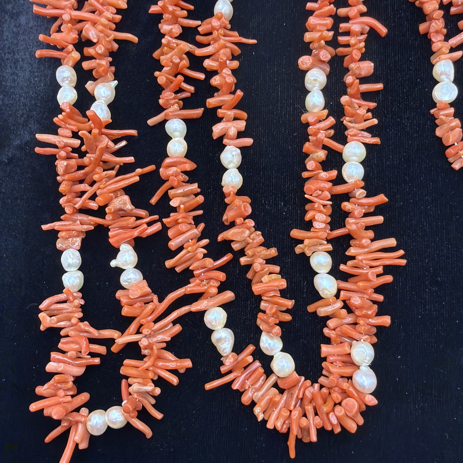 60 inch Natural Coral and Pearl Necklace 14k Clasp Vintage Very Good Condition