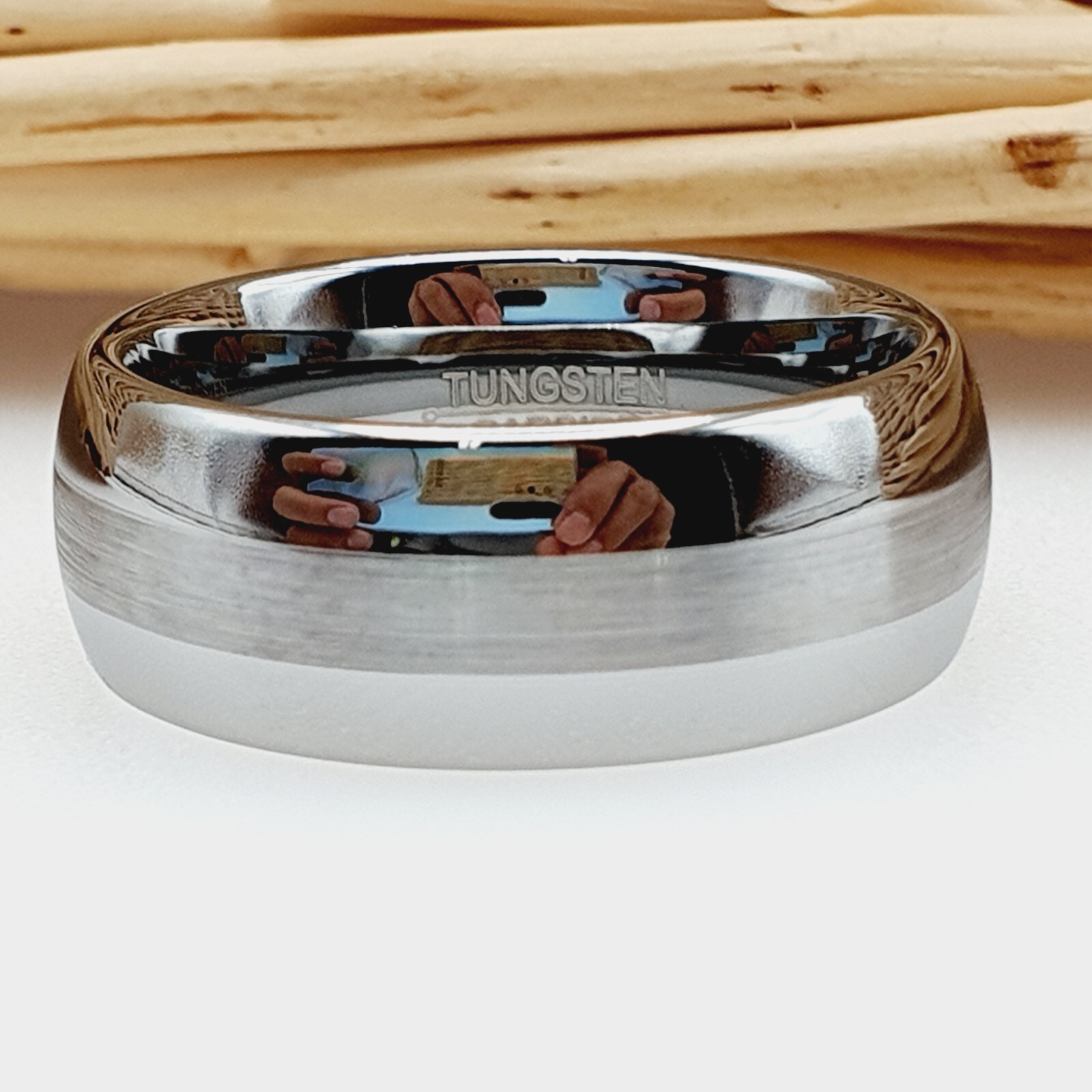 Satin Brushed Center Stripe Dome Silver Ring Anniversary Band for Couples