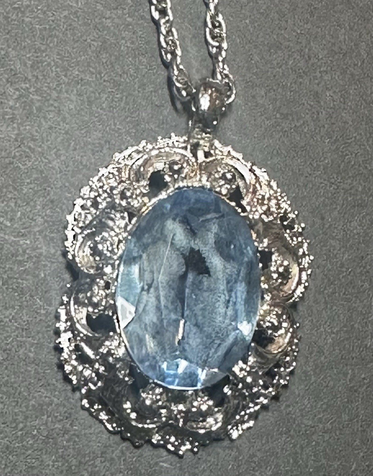 Vintage Silver Foil Back Aquamarine Rhinestone Pendant Rope 24” Chain Necklace