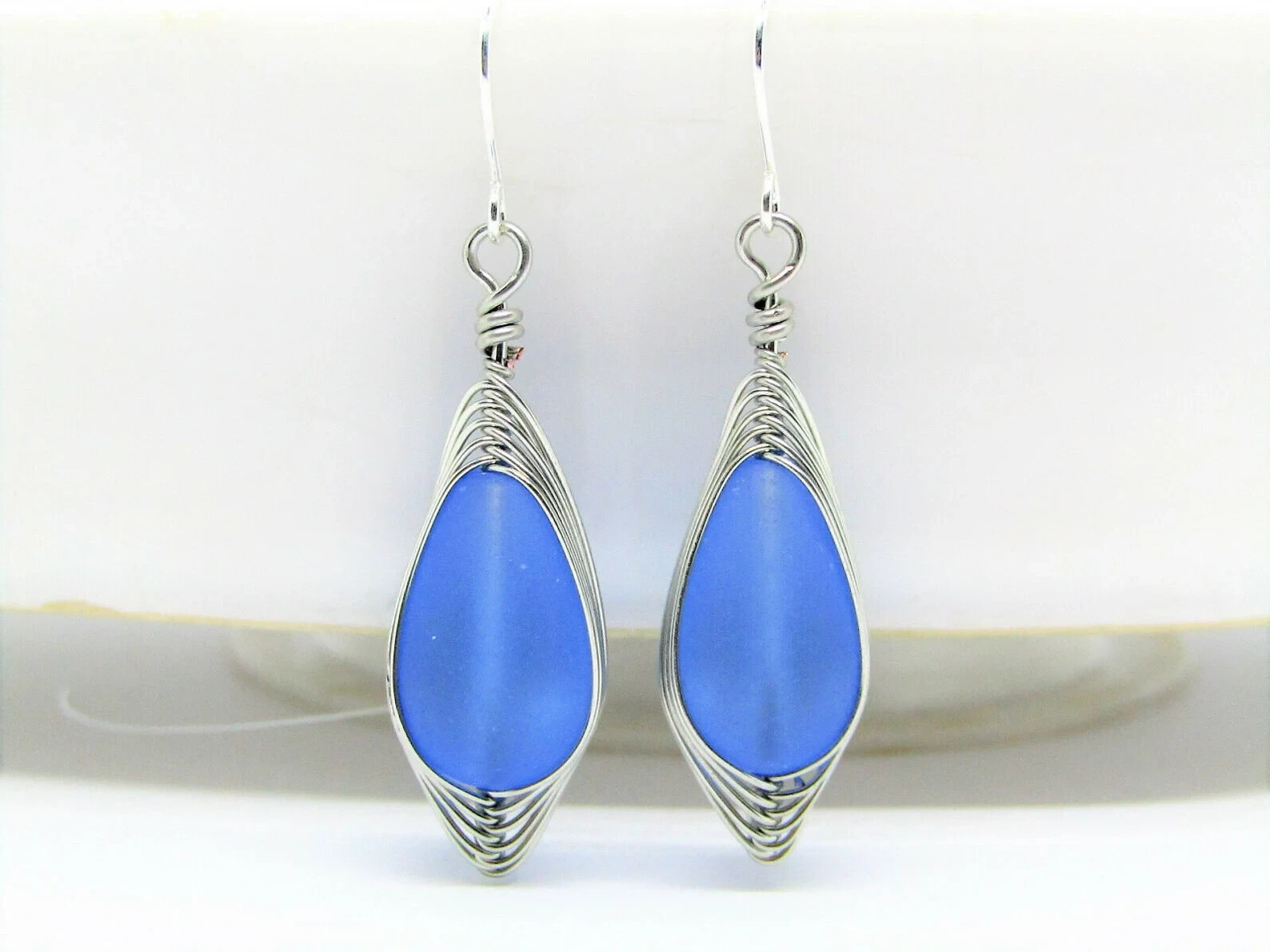 Sterling Silver Teardrop Earrings Frosted Sea Glass Silver Wire Braided Ladies
