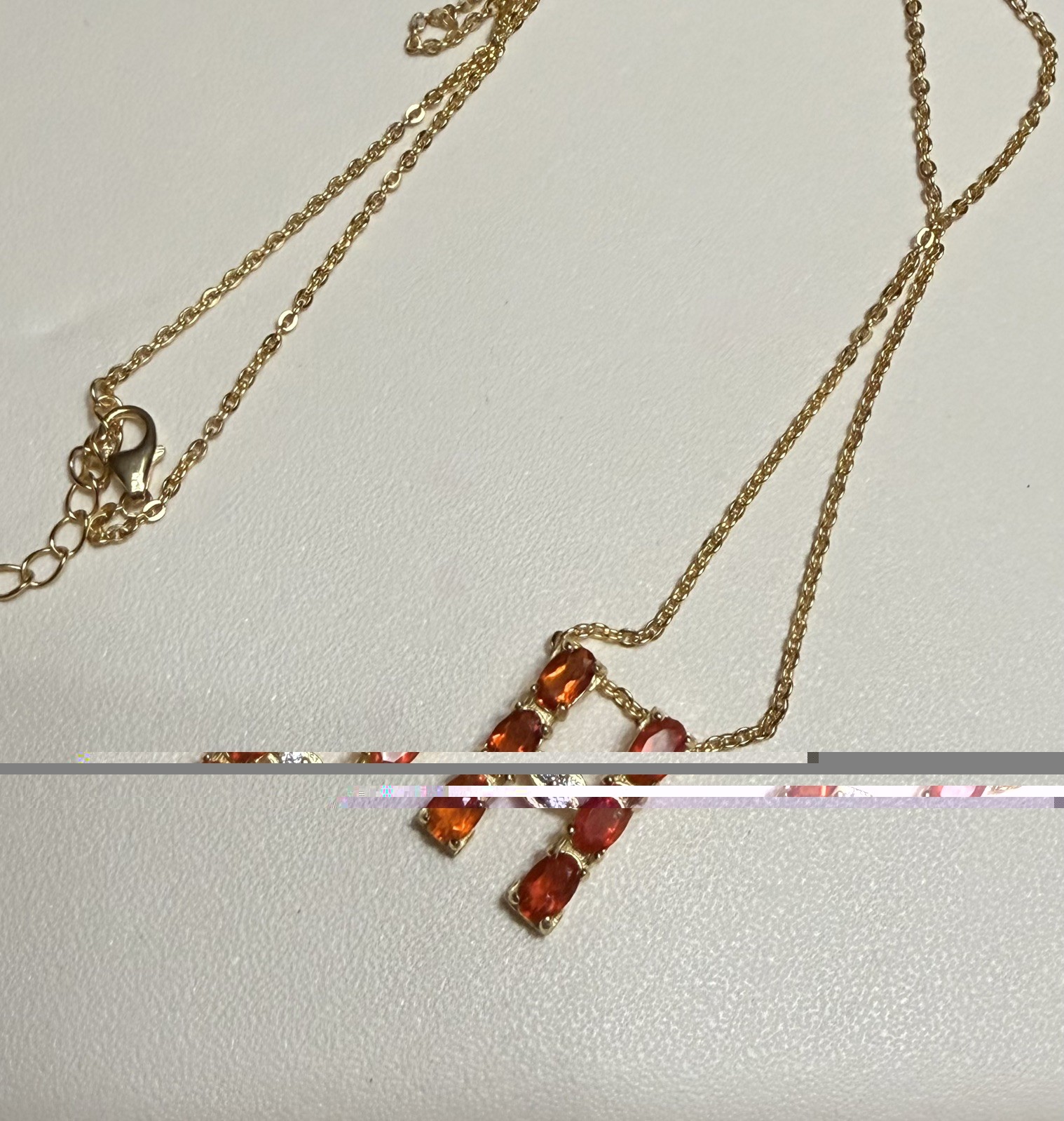 Natural Orange Fire Opal Initial “H” Pendant Necklace 18K Gold over 925 SS 20 in