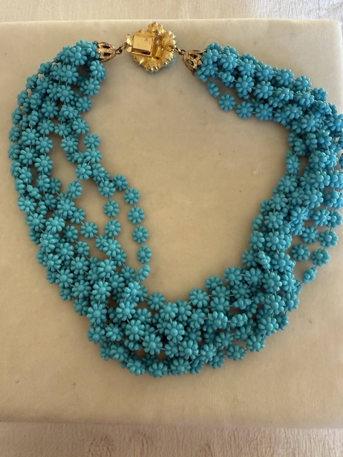 Vintage Necklace with Blue Beads Very Light Weight Costume Jewelry 16″