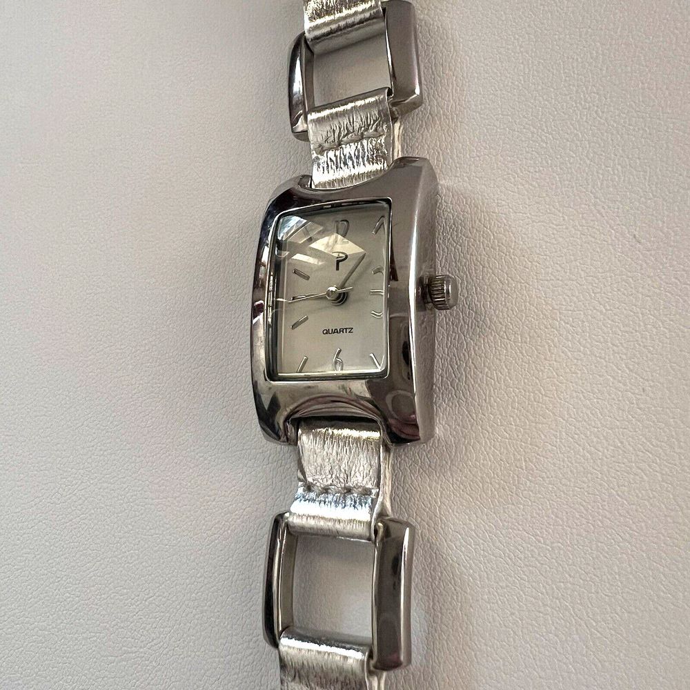 Vintage “P” Women’s Watch Silver Tone New Battery Rectangle Face White 8 in.