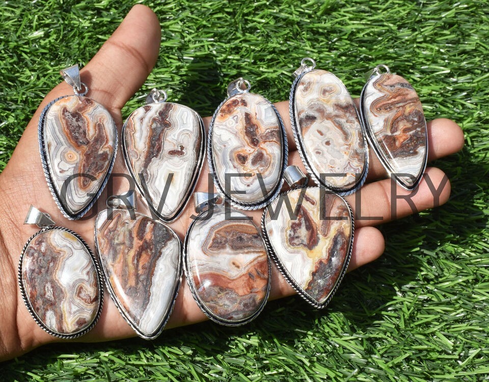 1-500 Pcs Crazy Lace Agate Pendant Wholesale Lot Bulk: Silver Plated WH-23
