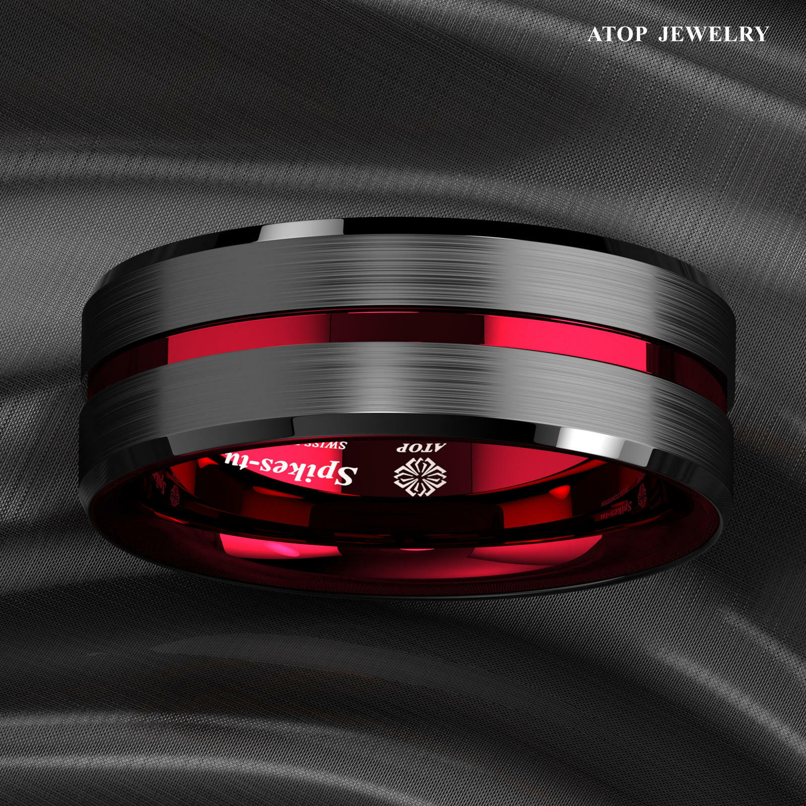 8/6mm Black Tungsten Carbide Thin Red Line Wedding Band Ring ATOP Men’s Jewelry
