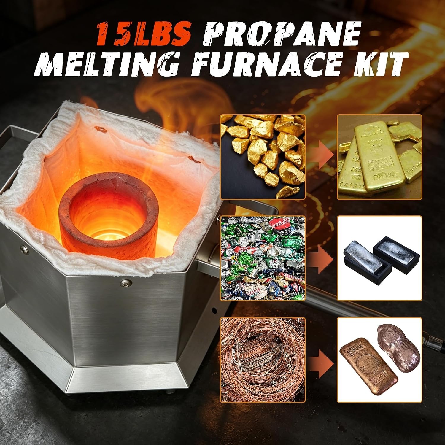 CANALHOUT 7KG/15lbs Propane Melting Furnace Kit w/ 2 & Kiln Foundry Smelting Fur