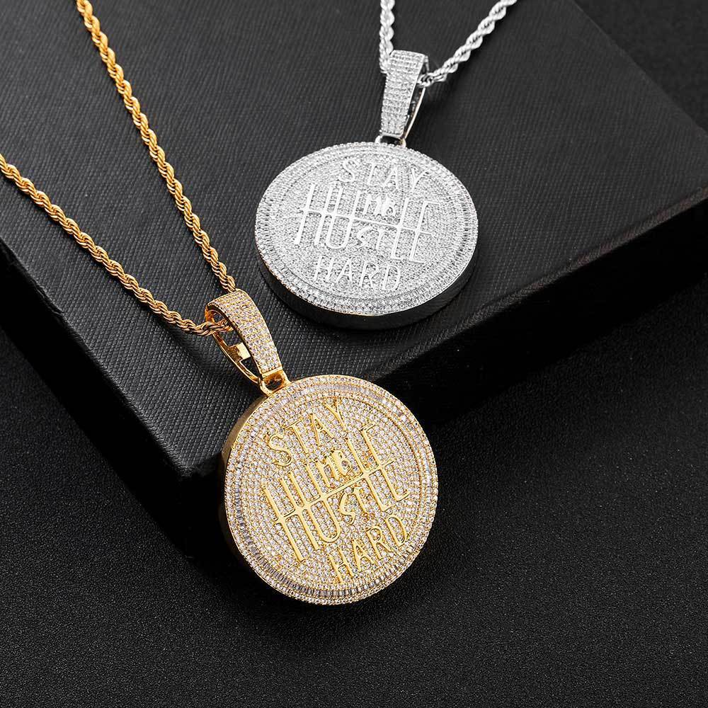 Hip Hop Big Round Letter Pendant Necklace Bling Full Zircon Real Gold Plated
