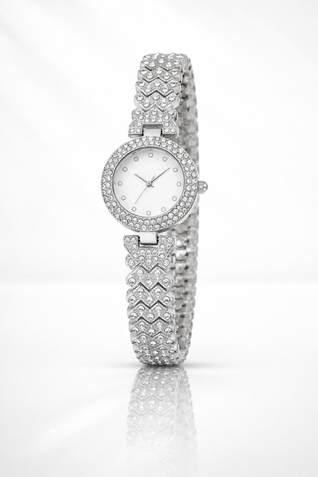 Women’s Silver Rhinestone Bracelet Watch Crystal Bezel Elegant Dress Quartz