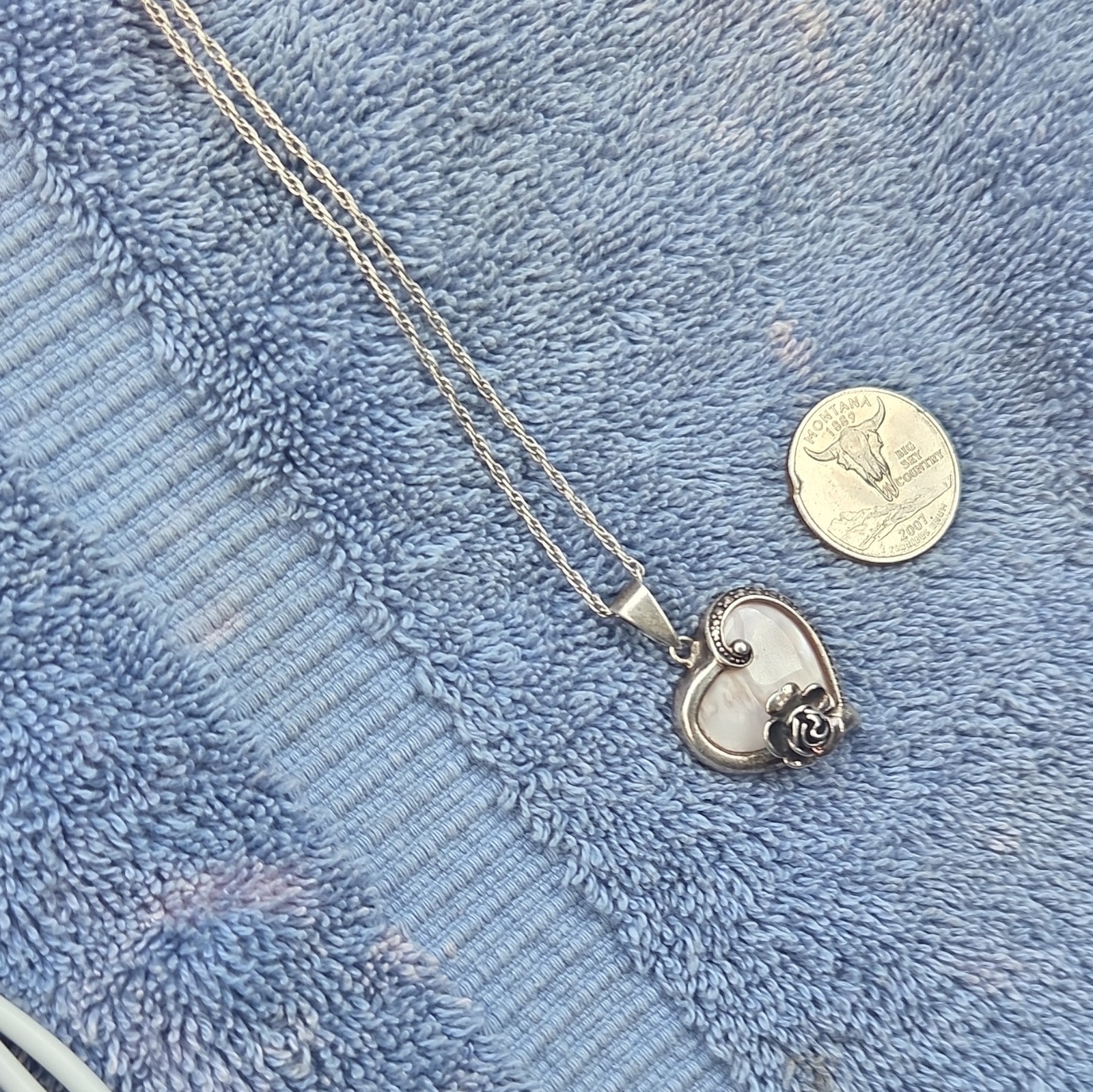 925 Silver Mother of Pearl Heart Pendant 20 inch Rope Lobster Clasp Signed
