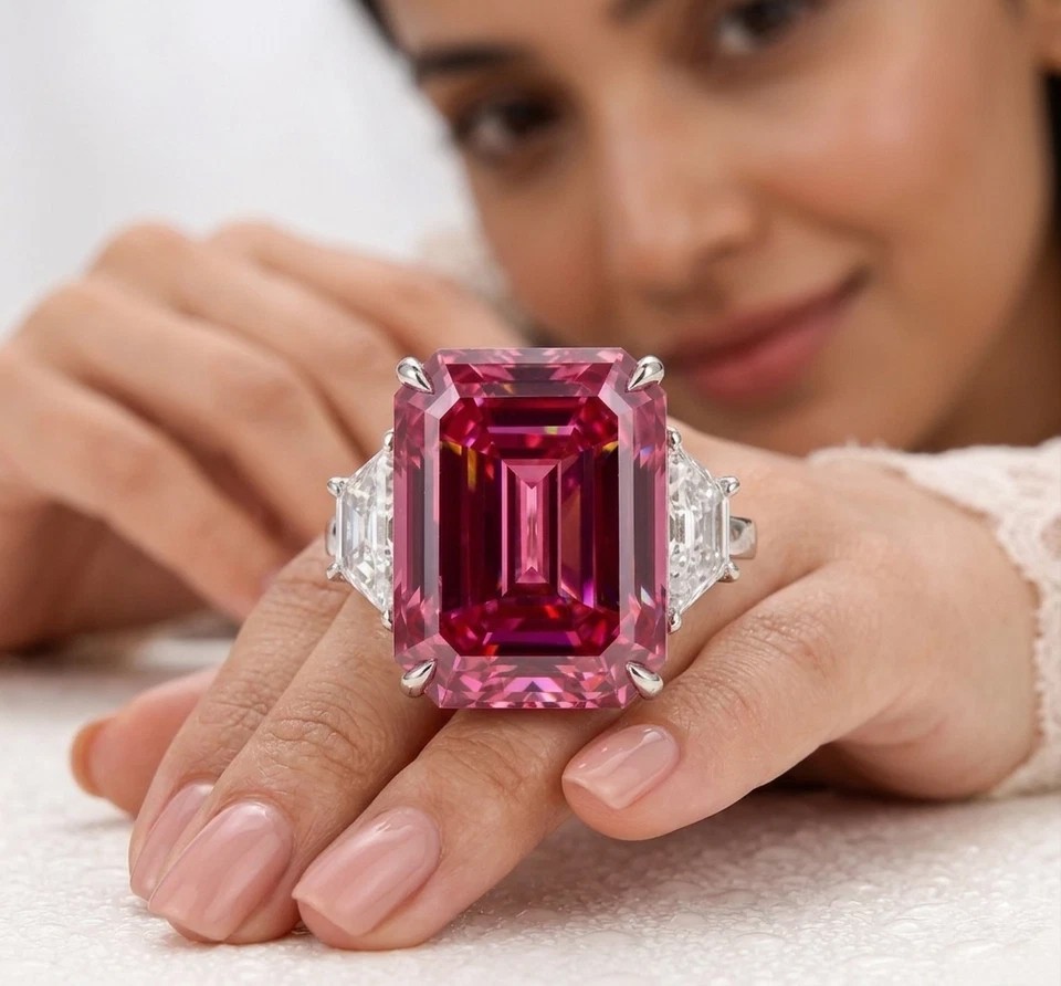 RARE 12.30 Ct Pink Emerald Cut Solitaire Treated Diamond Ring in 925 Silver