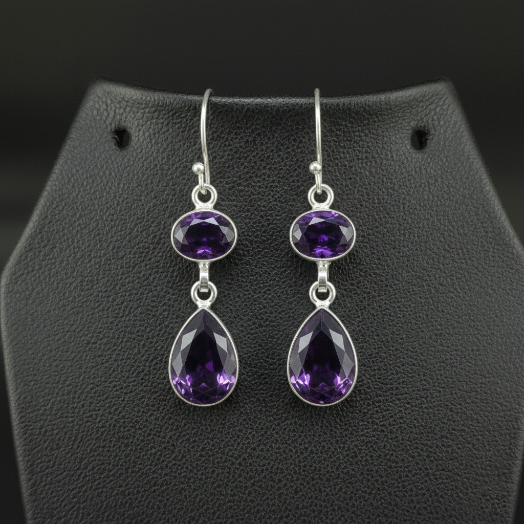Amethyst Gemstone 925 sterling silver handmade Dangle Drop Earrings 1.90″