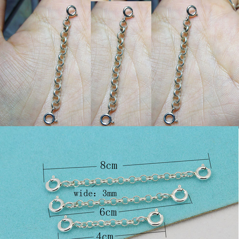 925 Sterling Silver Extender Extension Safety Chain Rolo Chain Two Spring Ring