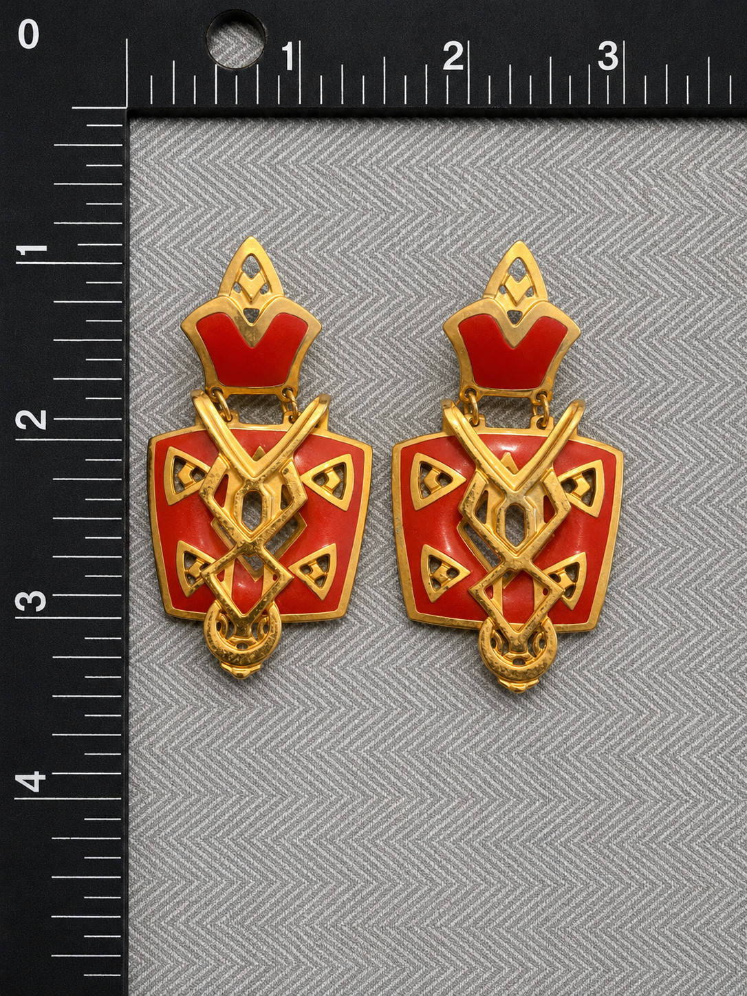 Vintage Edgar Berebi Red Enamel Gold Tone Geometric Dangle Pierced Earrings Sig