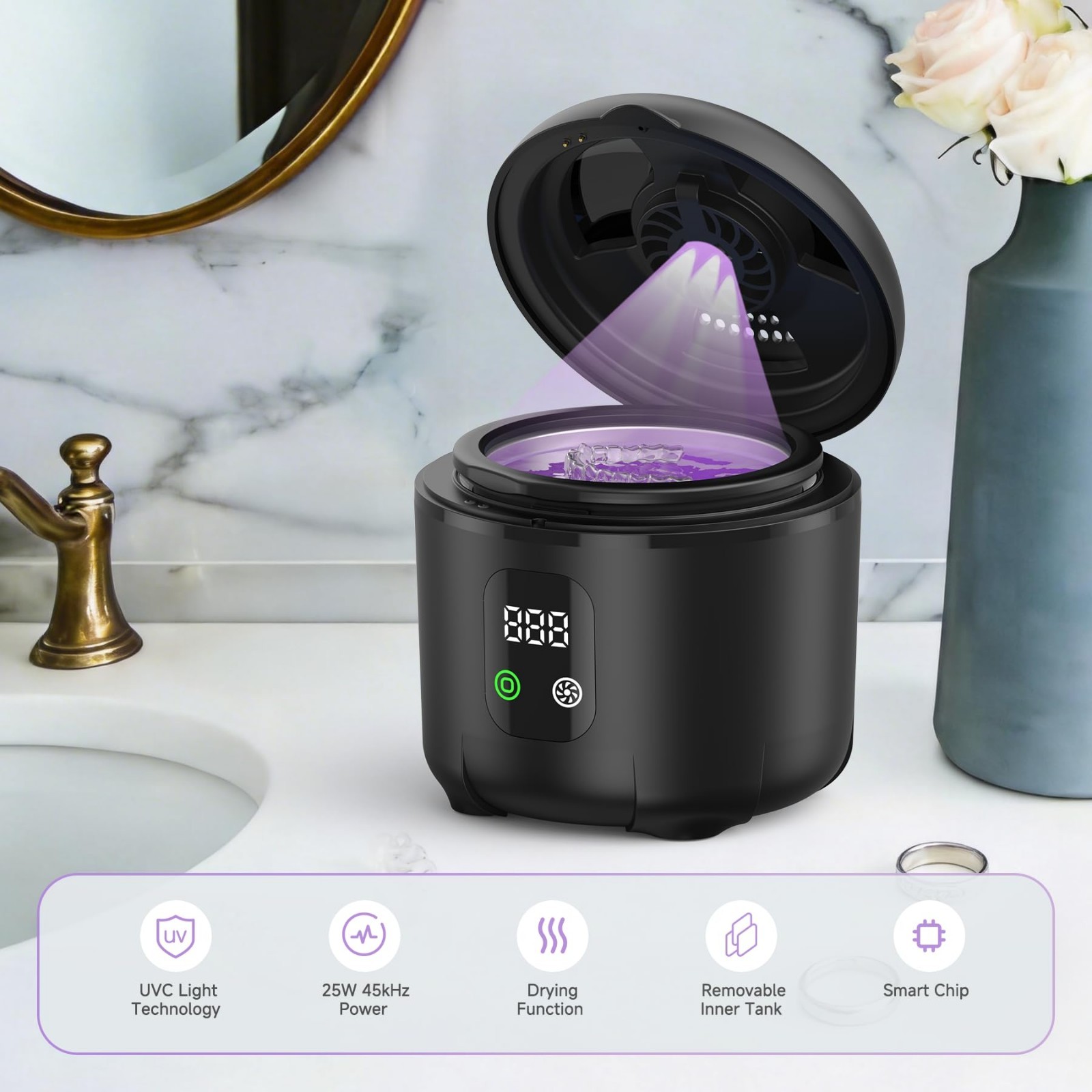 Portable Ultrasonic Cleaner 25W – Multi-Mode 45KHz for Dentures, Braces, Jewelry