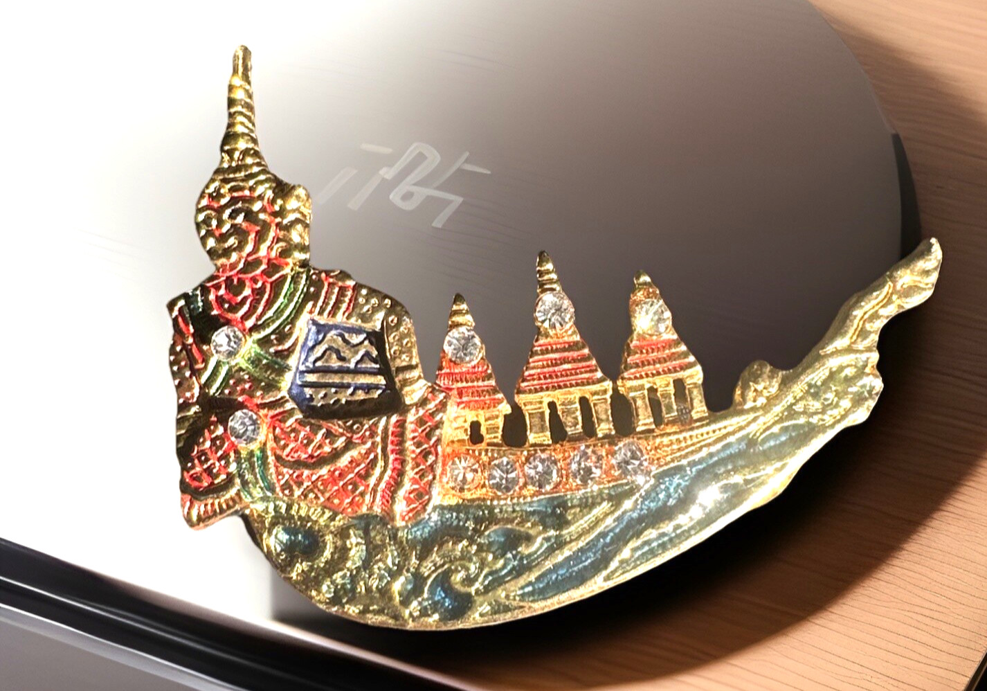 Brooch Pin Siam Gondola Thai Gold Rhinestones Enameled Vintage 2.5″
