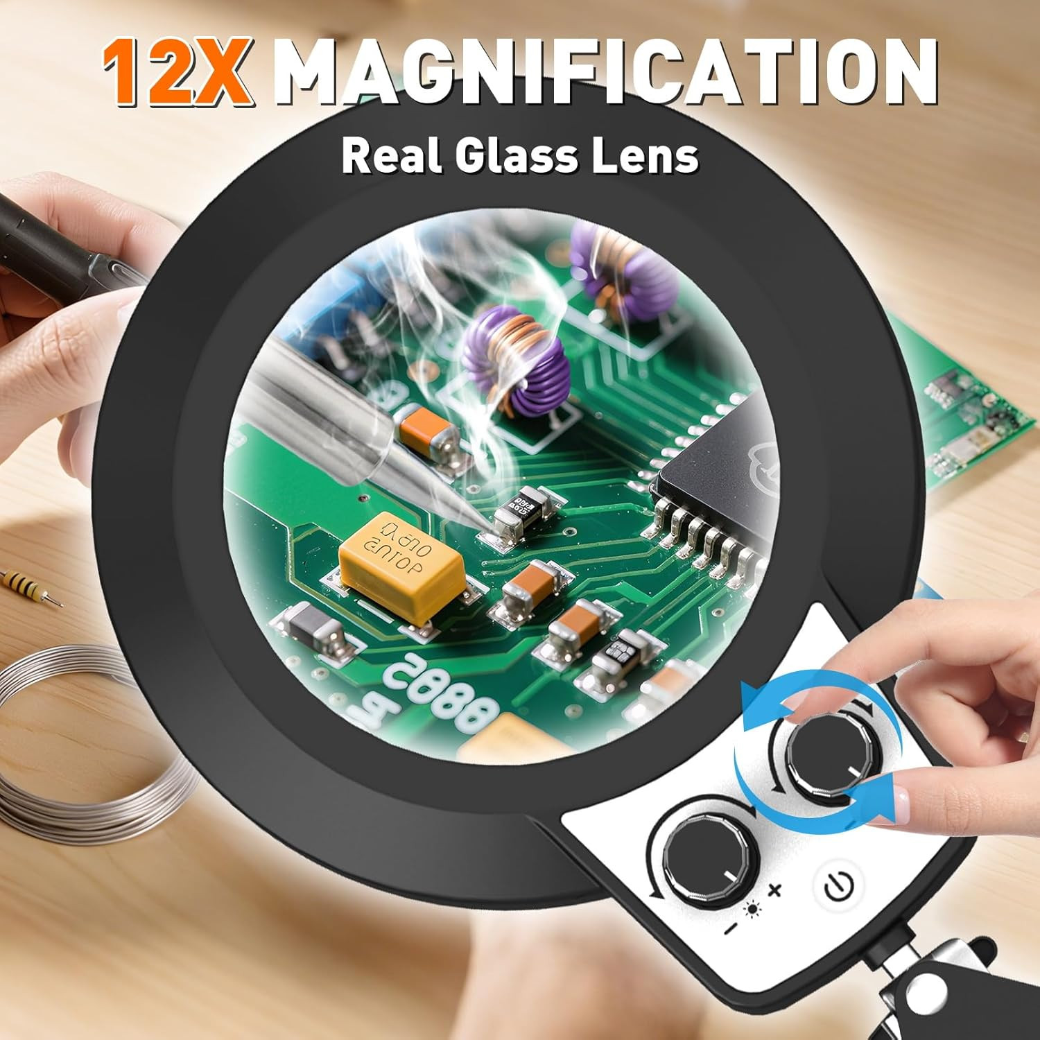 12X Magnifying Glass with Light and Stand, Extra-Long Arm Magnifying Lamp Overhe