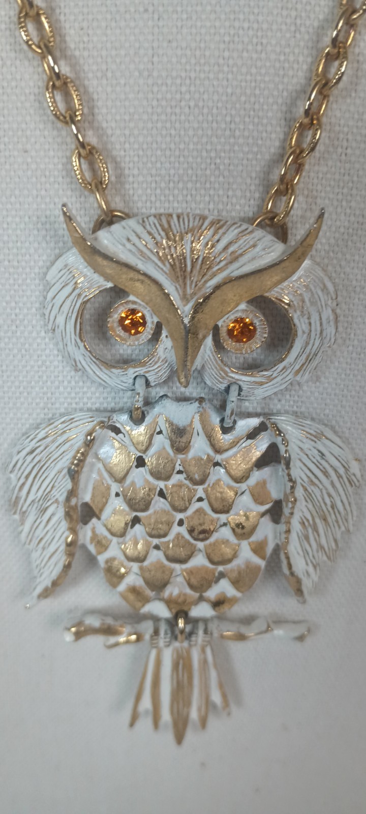 Vintage Articulated Gold Tone Owl Pendant Necklace White Enamel Orange Eyes