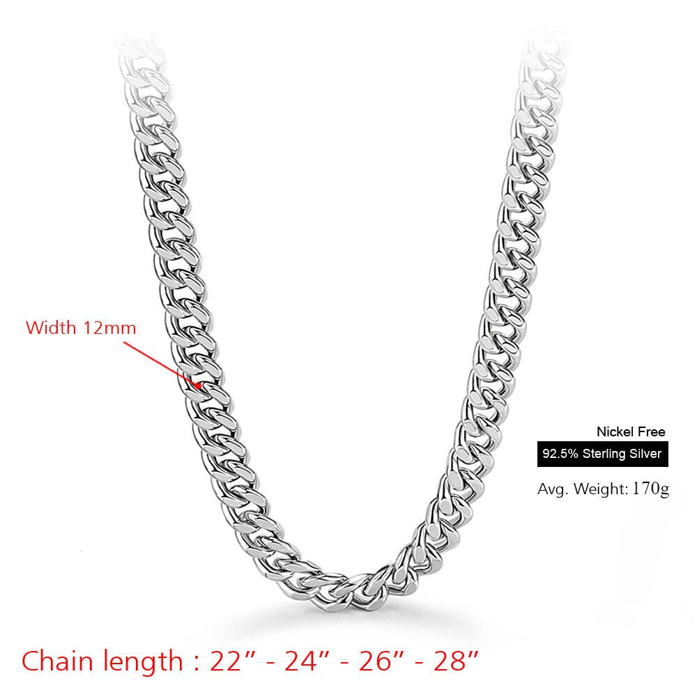 925 Sterling Silver Miami Cuban Link Chain Men’s Necklace 22″ 24″ 26″ 28″ 12mm