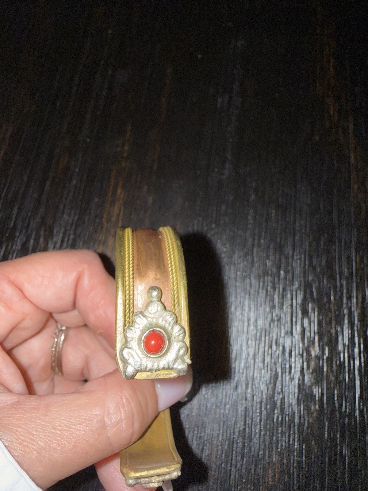 Vtg Nepal Tibetan Om Mani Padme Hum Mantra Cuff Bracelet Brass Coral Cabochon