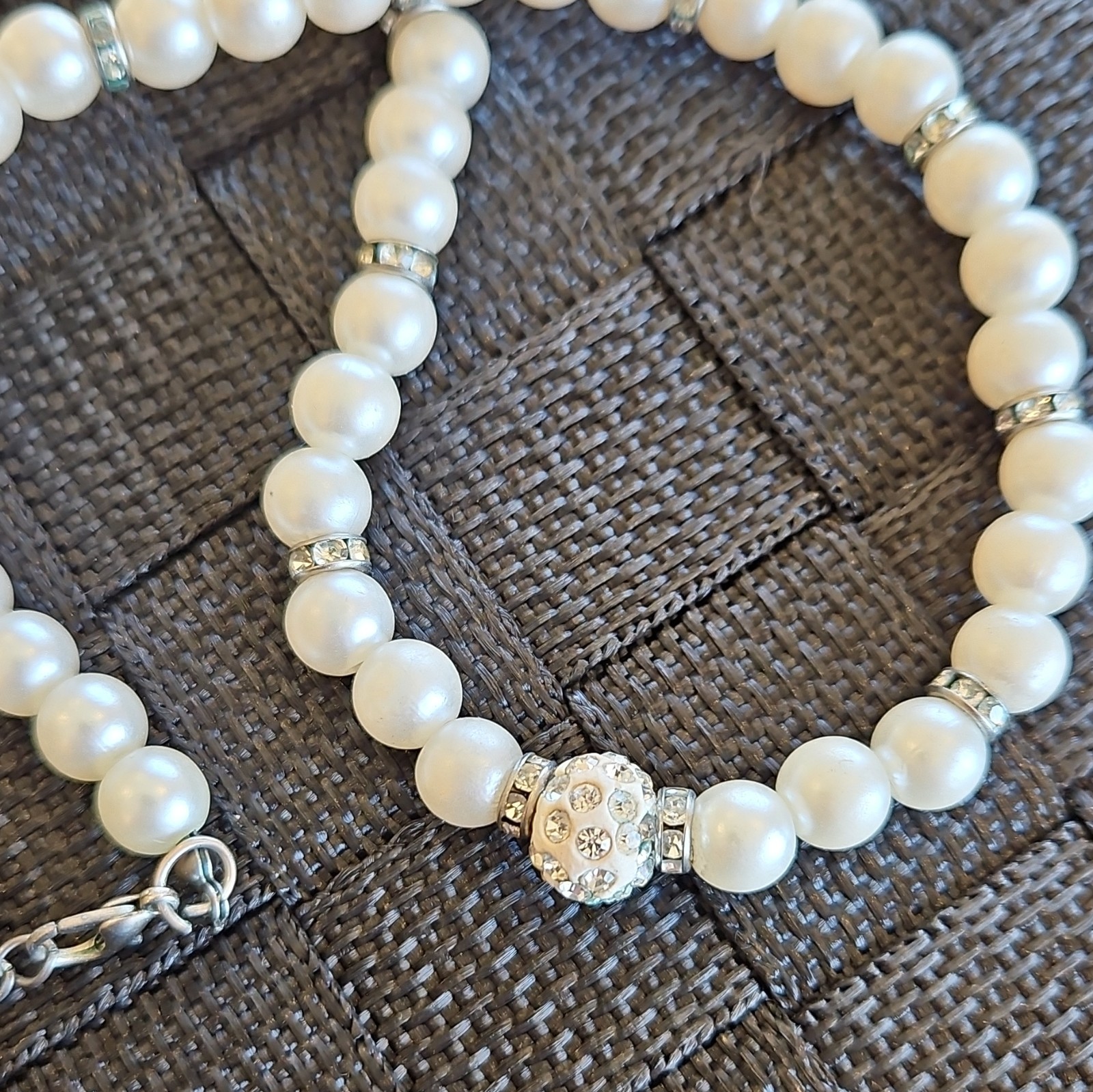 White Imitation Pearl Beaded Necklace w/ Crystal Rhinestone Ball, Lobster Clasp