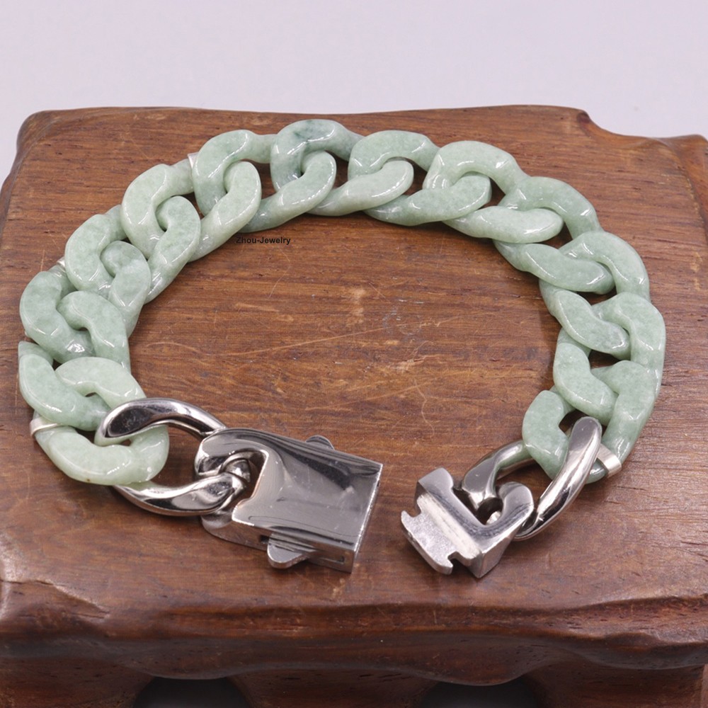 Real Grade A Natural Green Jade Jadeite Bracelet Cuban Curb Link Chain 5.9-9.4in