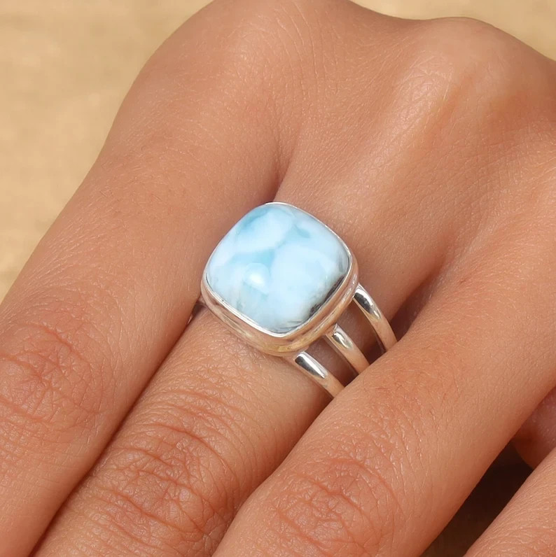Larimar Ring 925 Sterling Silver Band& Statement Ring Handmade Ring All Size