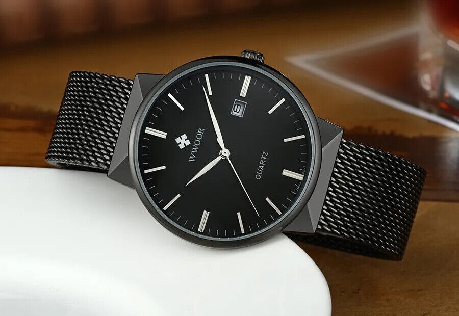 WWOOR Simple Ultra-Thin Steel Mesh Leather Date Men’s Wristwatch