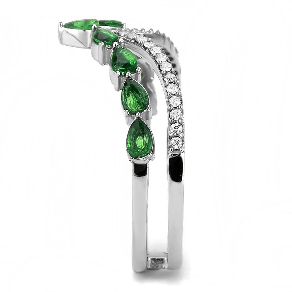 Women’s Chevron Ring, Emerald Glass, Stainless Steel, V-shape ring, Green stone