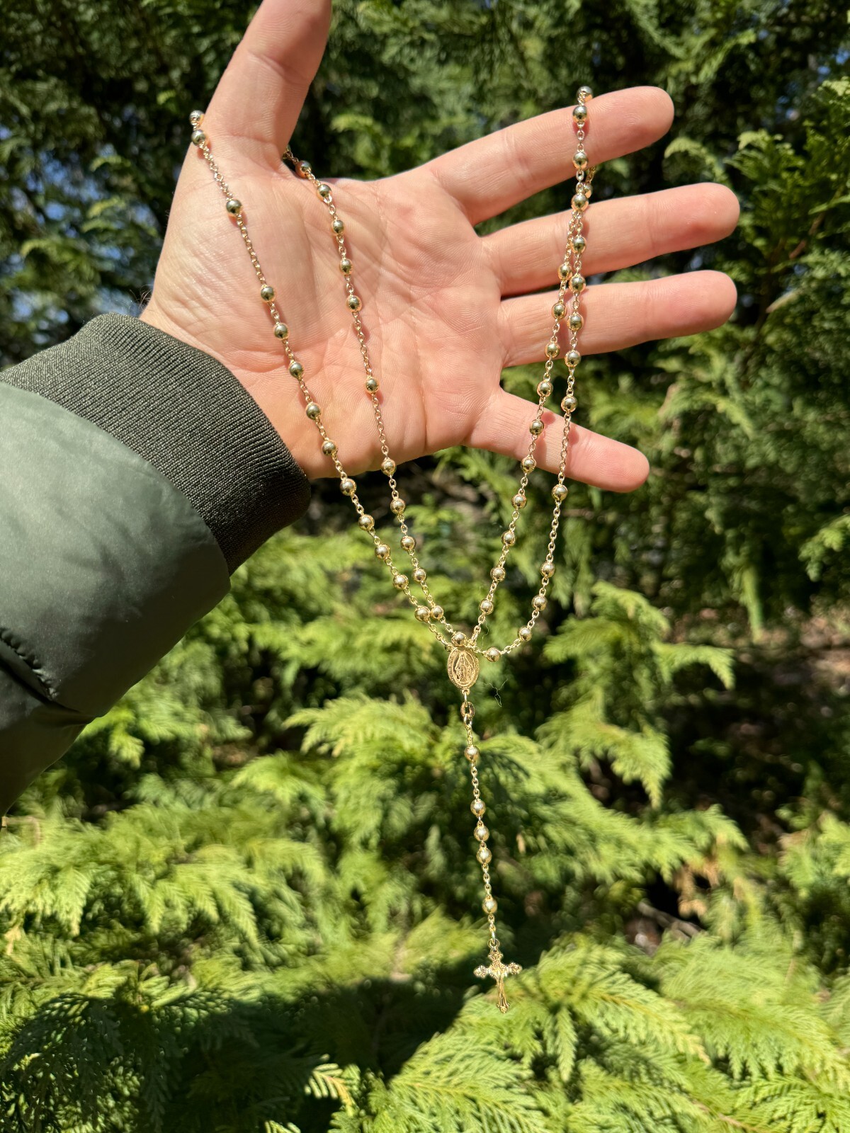 Men’s 30″ Long Rosary Beads Necklace 14k Gold Over 925 Silver Rosario ITALY 5mm