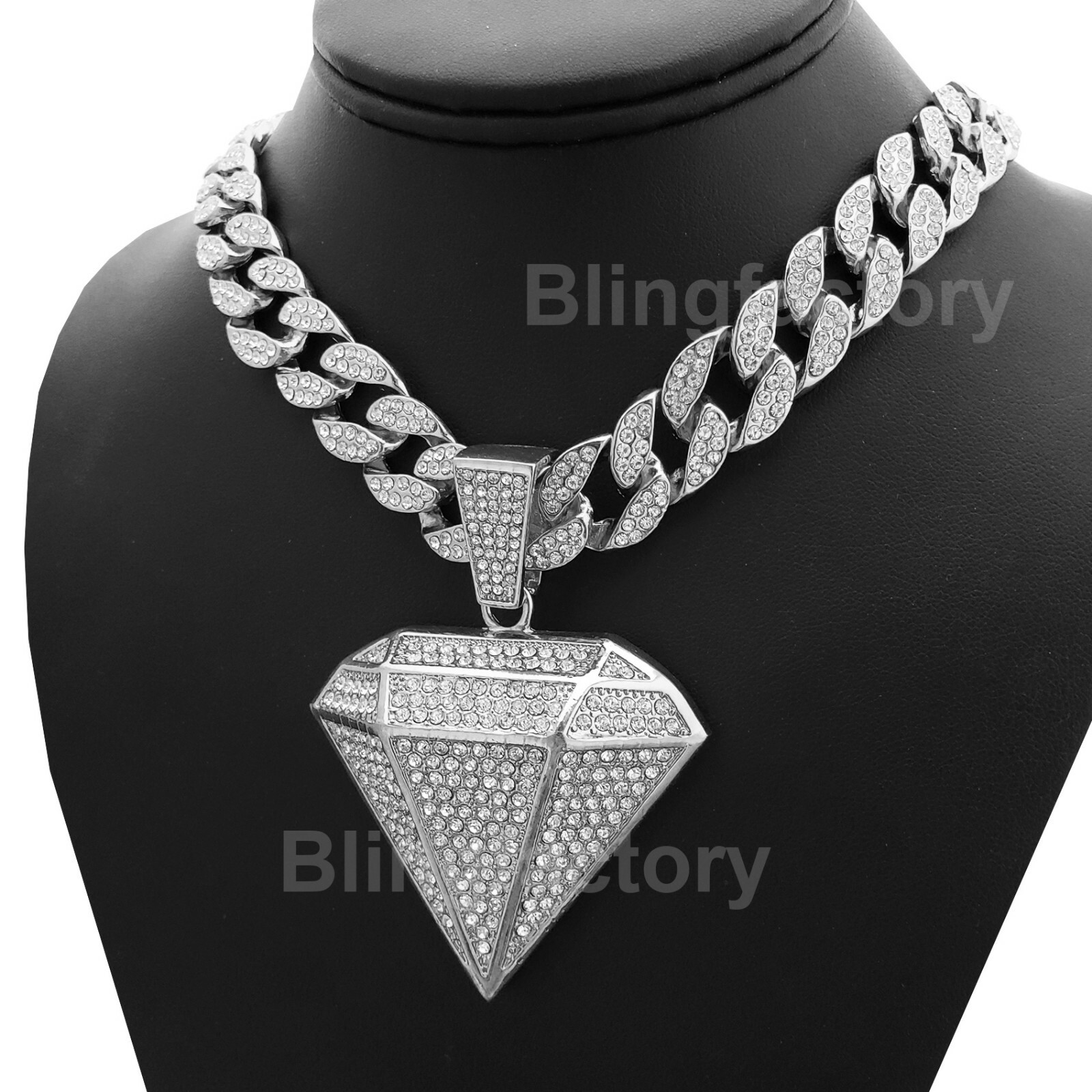 Silver Plated Alloy Iced Diamond Shape & 18″ Cubic Zirconia Cuban Chain Necklace