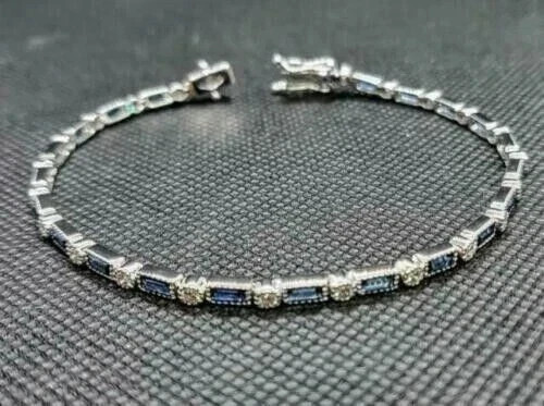 Lab Created Blue Sapphire & Round Diamond Tennis Bracelet 14K White Gold Plated