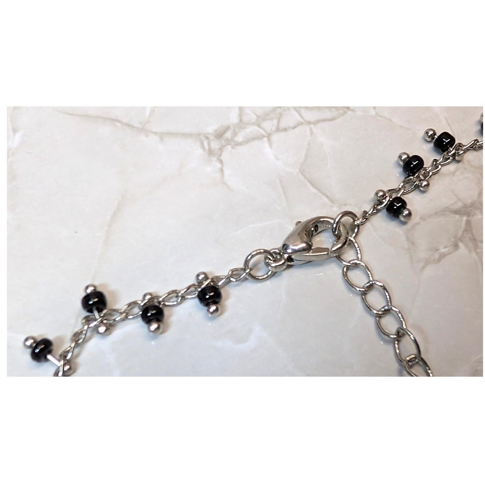 Vintage Beaded Chain Anklet Bracelet Up to 10″ Silver Tone Black Boho Dainty
