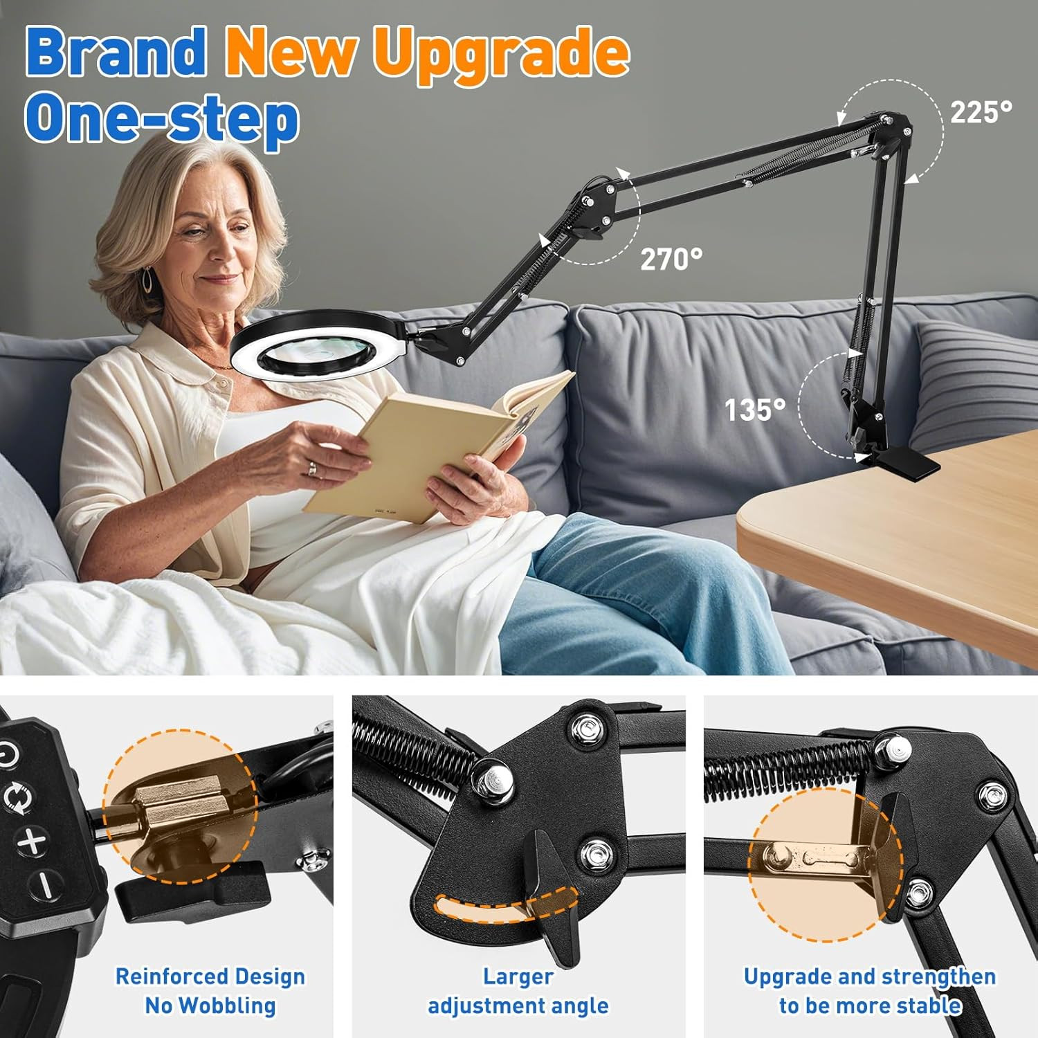 Ultra Long 3-Section Swing Arm 12X 30X Magnifying Glass with Light and Stand, 4-