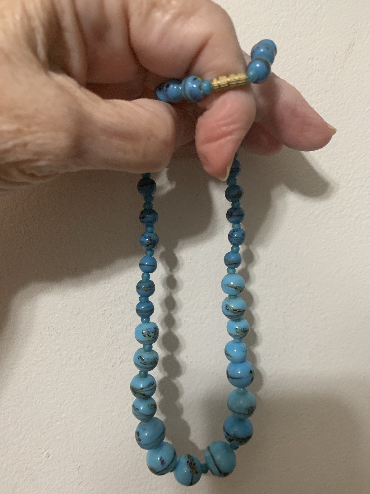 VintageBlue Czech Bohemian Molded Art Glass Bead Necklace & Barrel Closures.16”