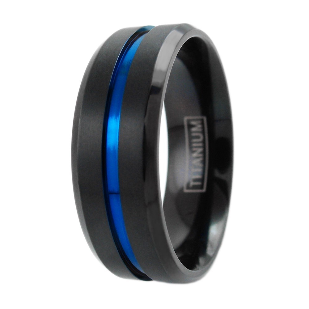 6/8mm Black Titanium Men’s Thin Blue Line Brushed Wedding Band Ring