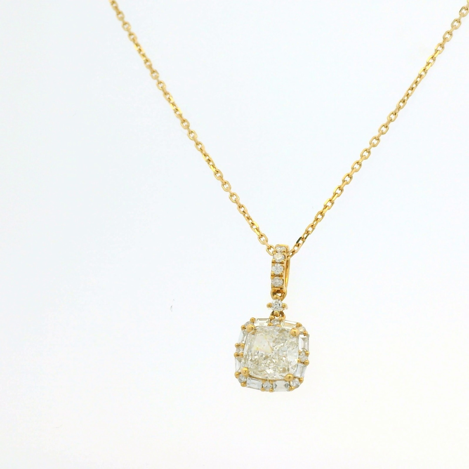 GIA 18K Yellow Gold 1.00 Carat Cushion Cut Diamond Halo Pendant Necklace
