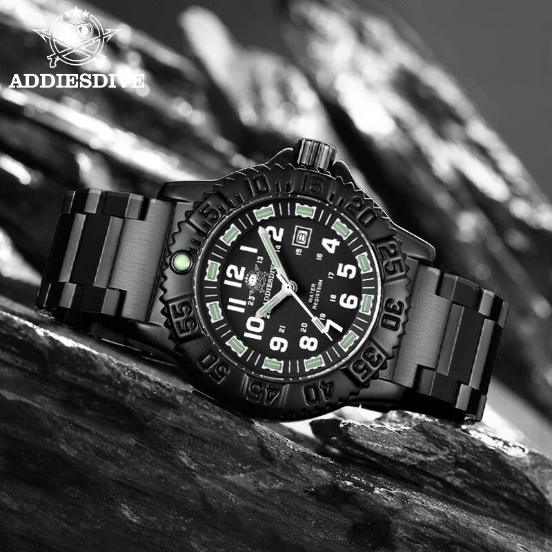 Addiesdive 44MM Luminox Style Steel Black Watch W/Hardcase Free Shipping USA